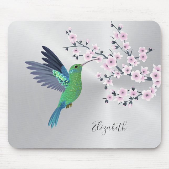 Cute Green Hummingbird Cherry Blossom Add Name  Mouse Pad (Front)
