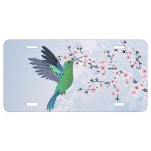Cute Green Hummingbird Cherry Blossom  License Plate