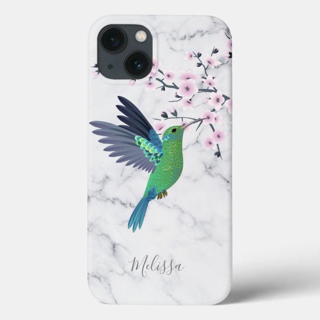 Cute Green Hummingbird Cherry Blossom  Monogram Case-Mate iPhone Case (Back)