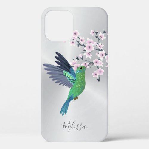 Cute Green Hummingbird Cherry Blossom Monogram  iPhone 12 Pro Case