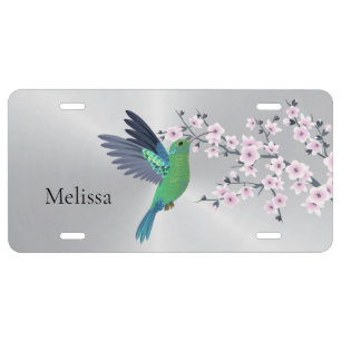 Cute Green Hummingbird Cherry Blossom Monogram License Plate