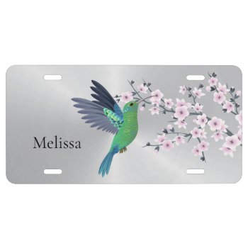 Cute Green Hummingbird Cherry Blossom  Monogram License Plate by NinaBaydur at Zazzle