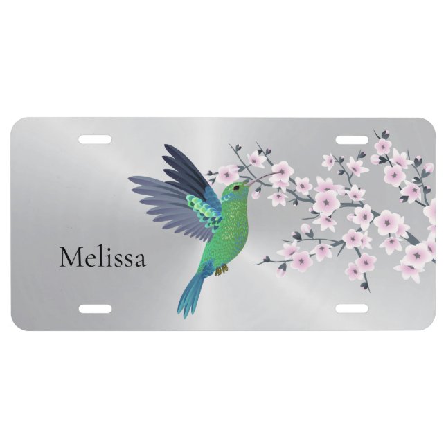 Cute Green Hummingbird Cherry Blossom  Monogram License Plate (Front)