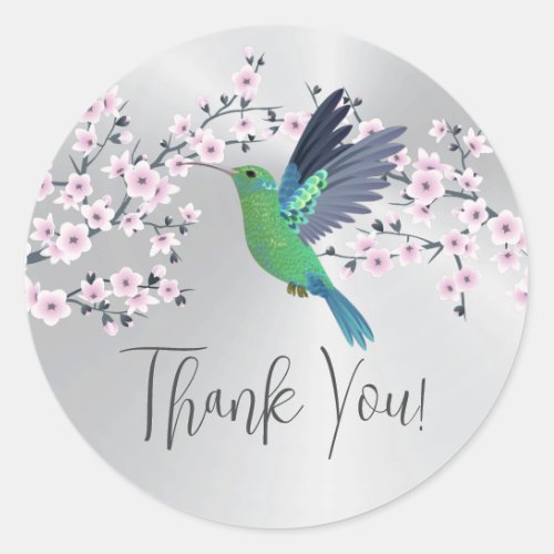 Cute Green Hummingbird Cherry Blossom Thank You Classic Round Sticker