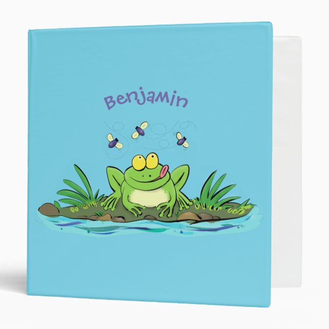 Cute green hungry frog cartoon illustration 3 ring binder (Front/Inside)