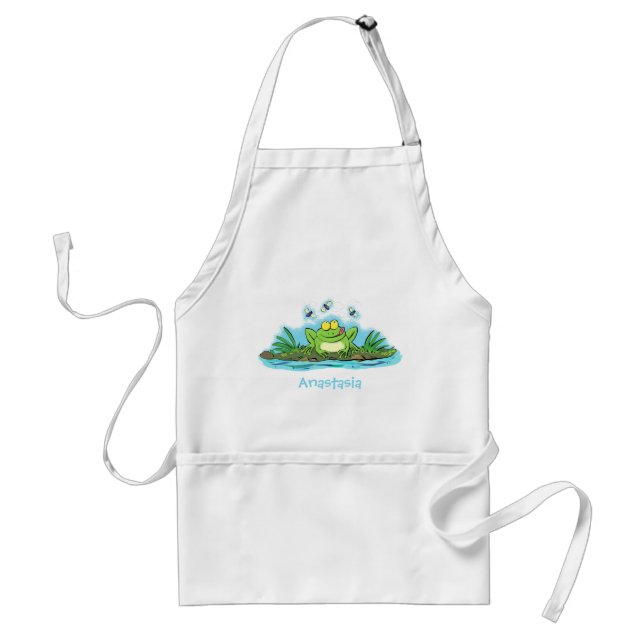 Cute green hungry frog cartoon illustration adult apron (Front)