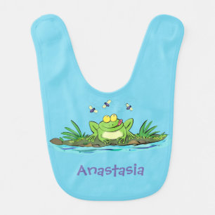 Cute green hungry frog cartoon illustration baby bib