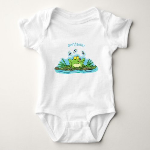 Cute green hungry frog cartoon illustration baby bodysuit