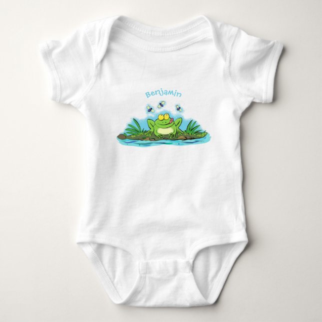 Cute green hungry frog cartoon illustration baby bodysuit (Front)