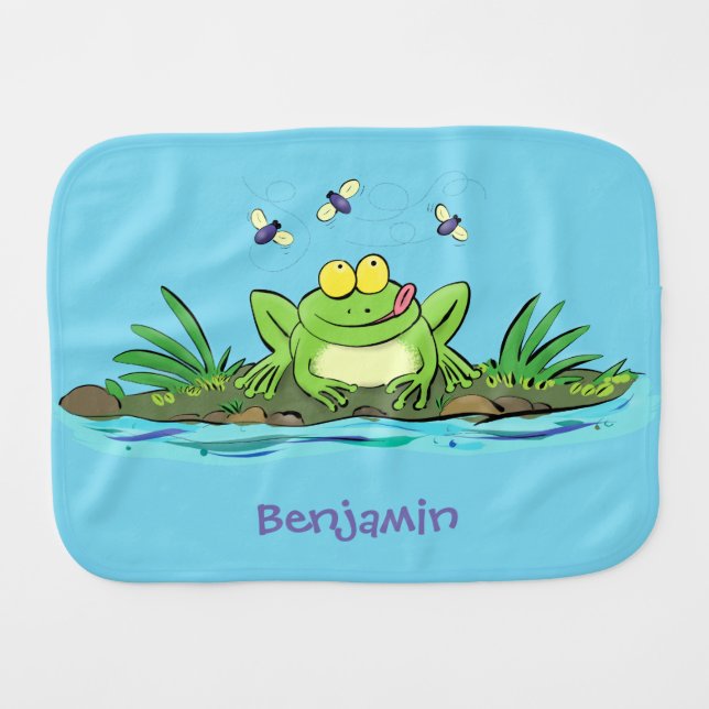 Cute green hungry frog cartoon illustration baby burp cloth (Front Horizontal)