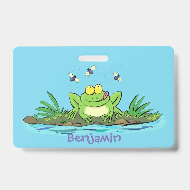 Cute green hungry frog cartoon illustration badge (Front)