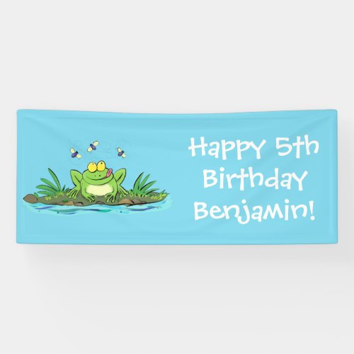 Cute green hungry frog cartoon illustration banner