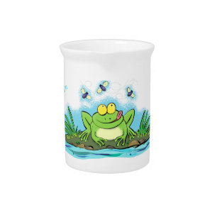 Cute green hungry frog cartoon illustration beverage pitcher