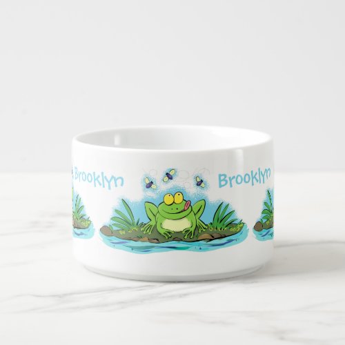 Cute green hungry frog cartoon illustration bowl