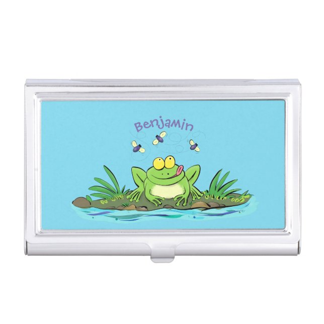 Cute green hungry frog cartoon illustration business card case (Front)