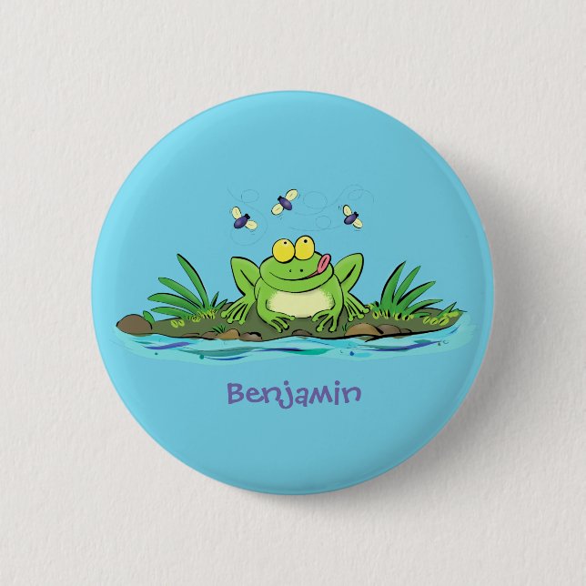 Cute green hungry frog cartoon illustration button (Front)