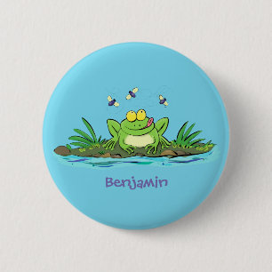 Cute green hungry frog cartoon illustration button