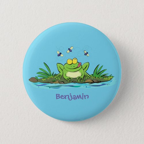 Cute green hungry frog cartoon illustration button
