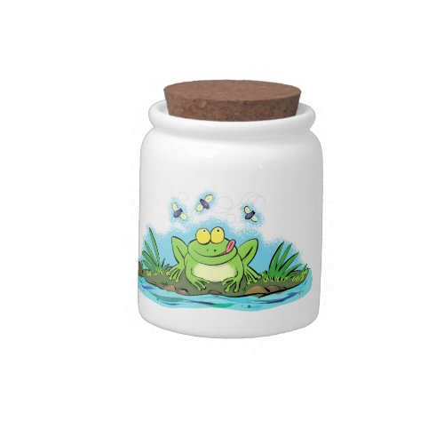 Cute green hungry frog cartoon illustration candy jar