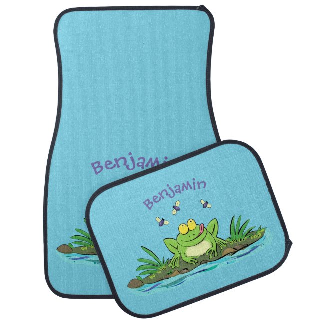 Cute green hungry frog cartoon illustration  car floor mat (Set)