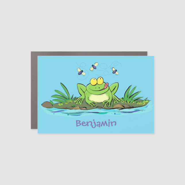 Cute green hungry frog cartoon illustration car magnet (Front)