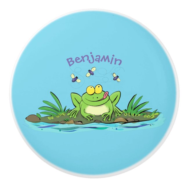Cute green hungry frog cartoon illustration ceramic knob (Front)
