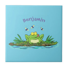 Cute green hungry frog cartoon illustration ceramic tile