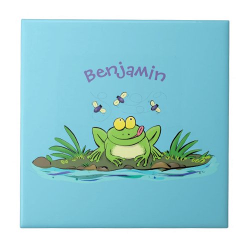 Cute green hungry frog cartoon illustration ceramic tile