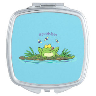 Cute green hungry frog cartoon illustration compact mirror