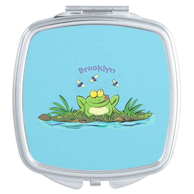 Cute green hungry frog cartoon illustration  compact mirror (Front)
