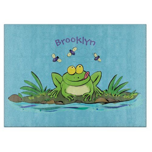 Cute green hungry frog cartoon illustration cutting board