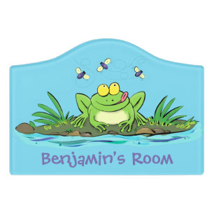 Cute green hungry frog cartoon illustration door sign