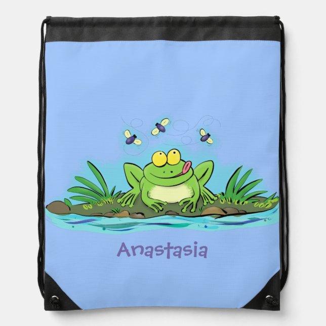Cute green hungry frog cartoon illustration drawstring bag (Front)