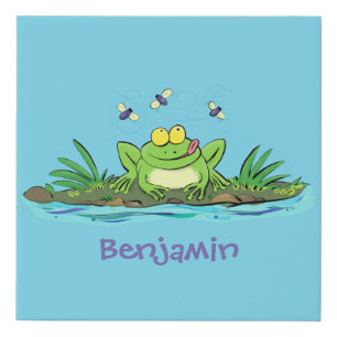 Cute green hungry frog cartoon illustration faux canvas print