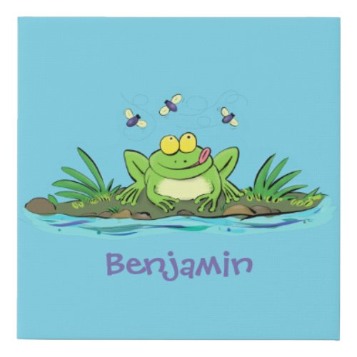 Cute green hungry frog cartoon illustration faux canvas print