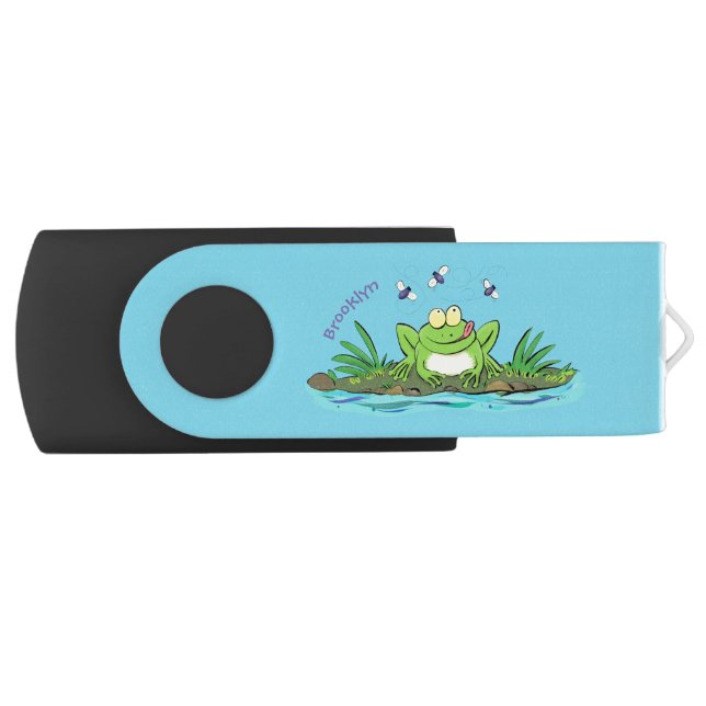 Cute green hungry frog cartoon illustration flash drive (Front)