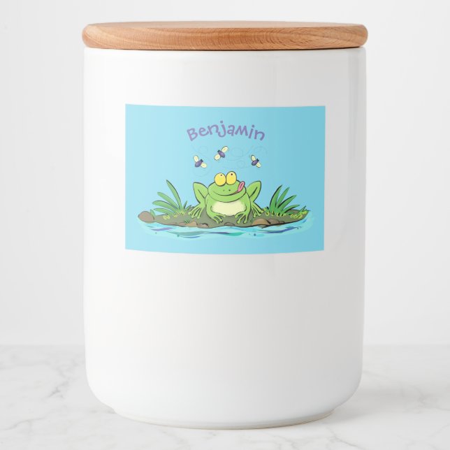 Cute green hungry frog cartoon illustration food label (Front)