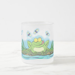 Cute green hungry frog cartoon illustration frosted glass coffee mug