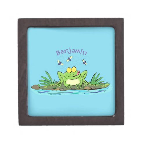 Cute green hungry frog cartoon illustration gift box