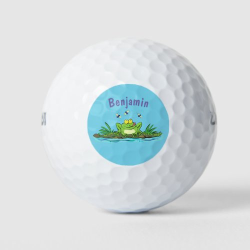 Cute green hungry frog cartoon illustration golf balls