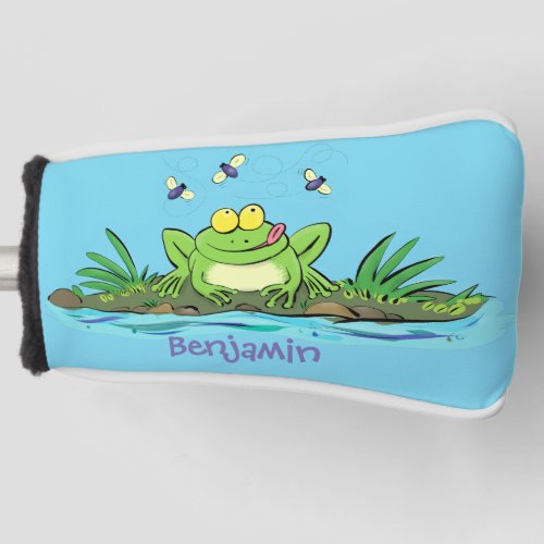 Cute green hungry frog cartoon illustration golf head cover