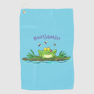 Cute green hungry frog cartoon illustration golf towel
