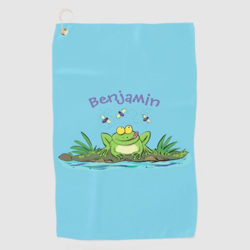 Cute green hungry frog cartoon illustration golf towel