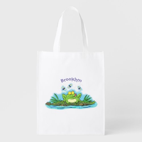 Cute green hungry frog cartoon illustration grocery bag