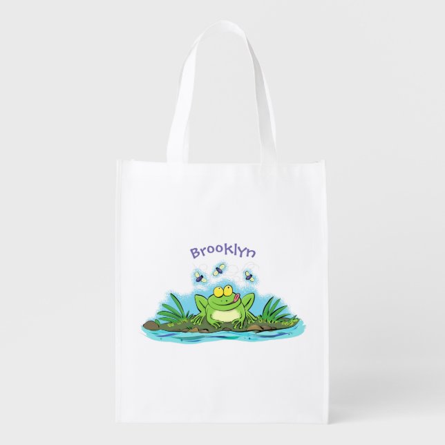 Cute green hungry frog cartoon illustration grocery bag (Front)