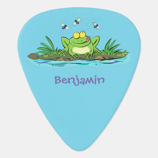 Cute green hungry frog cartoon illustration  guitar pick (Front)