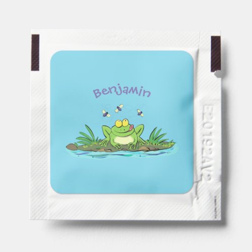 Cute green hungry frog cartoon illustration hand sanitizer packet