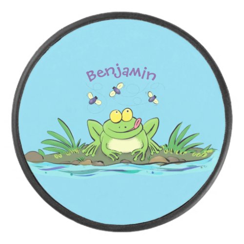 Cute green hungry frog cartoon illustration hockey puck