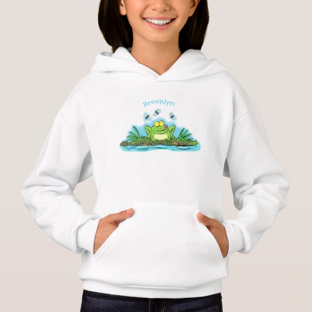 Cute green hungry frog cartoon illustration hoodie (Front)