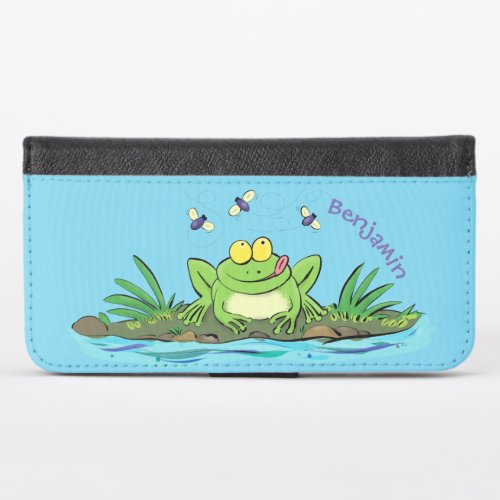 Cute green hungry frog cartoon illustration iPhone x wallet case